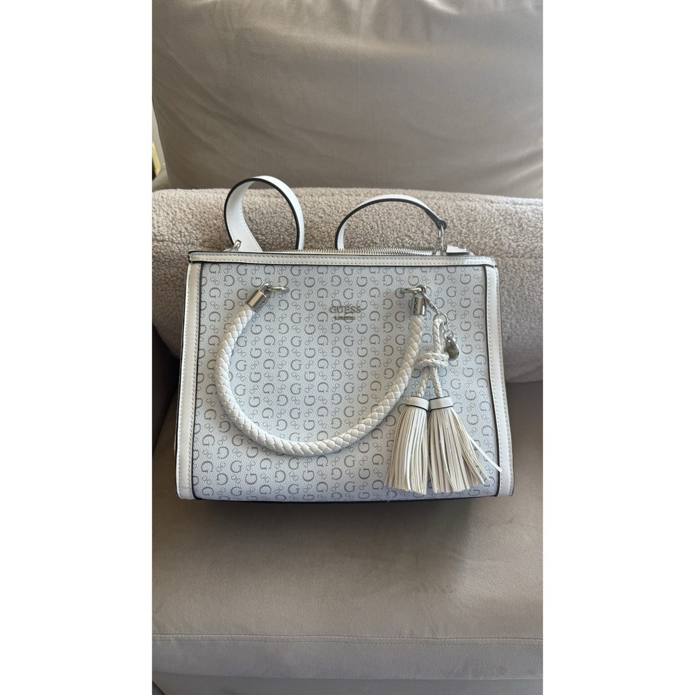 GUESS White Monogram Tote Bag Braided Handle Faux Leather Purse Tassel Satchel